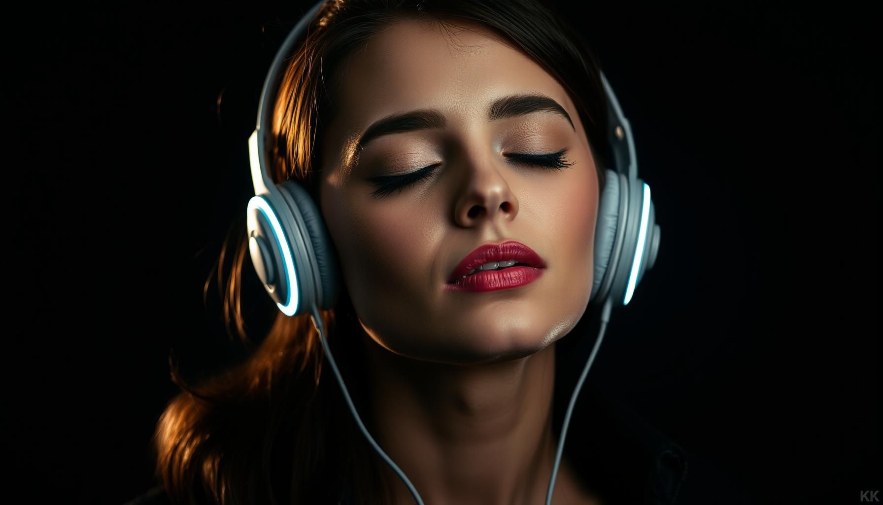 Woman enjoying audio stories with headphones
