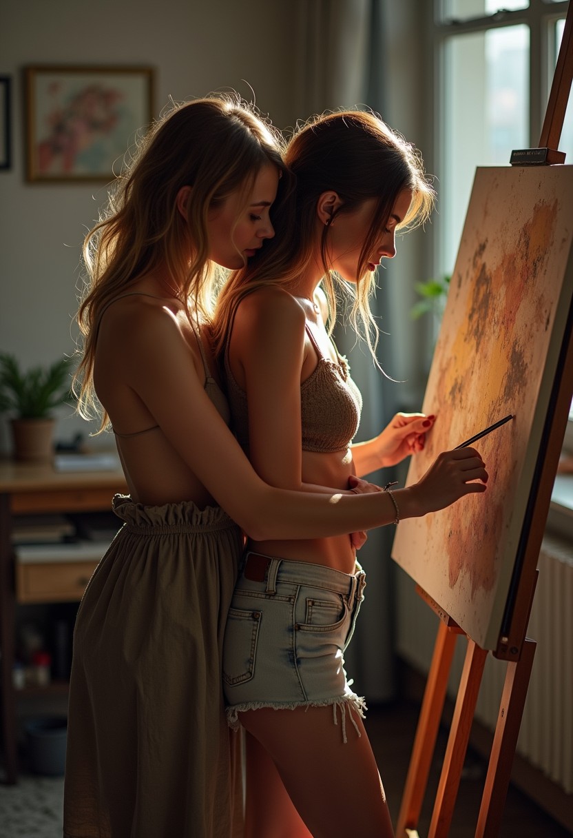 Artist in sunlit studio with canvas, creative woman lost in her work