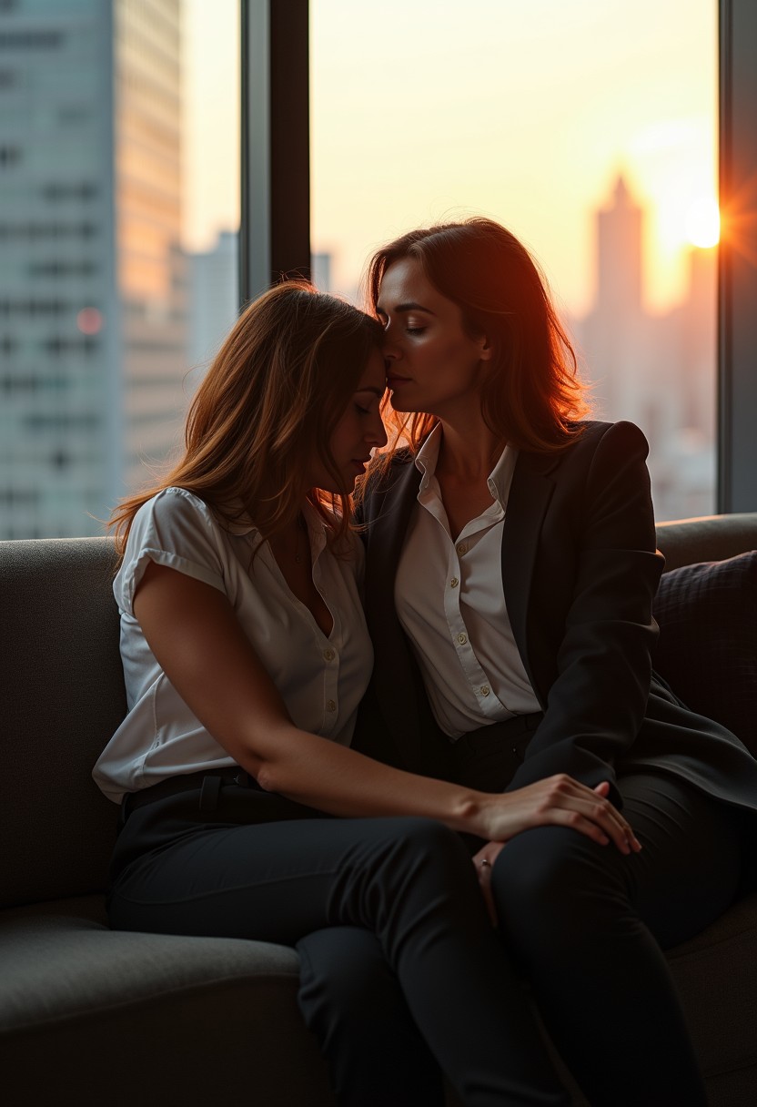 Passionate embrace between colleagues in executive office, forbidden workplace romance
