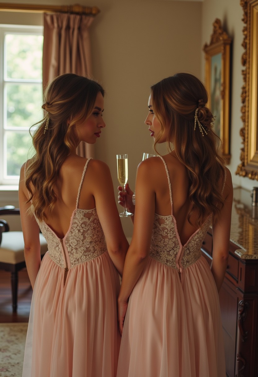 Beautiful bridesmaid in elegant dress at wedding reception, champagne in hand