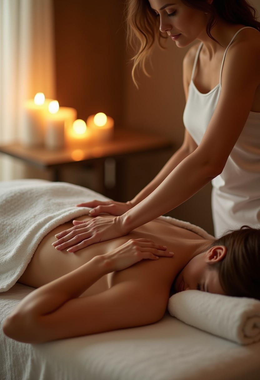 Peaceful spa room with candles and massage table, relaxing wellness atmosphere