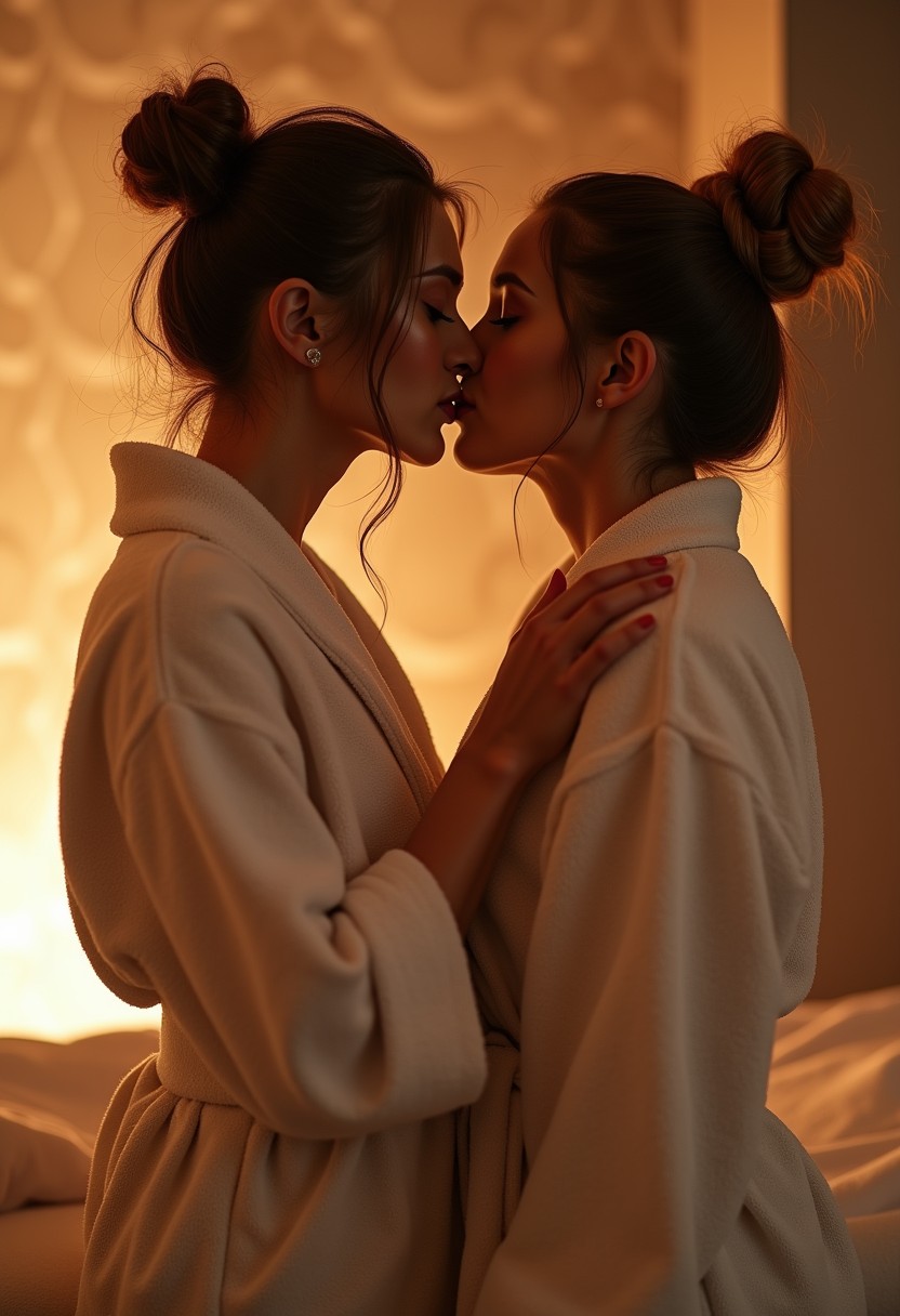 Two women in romantic spa setting, steam and soft lighting, sensual relaxation