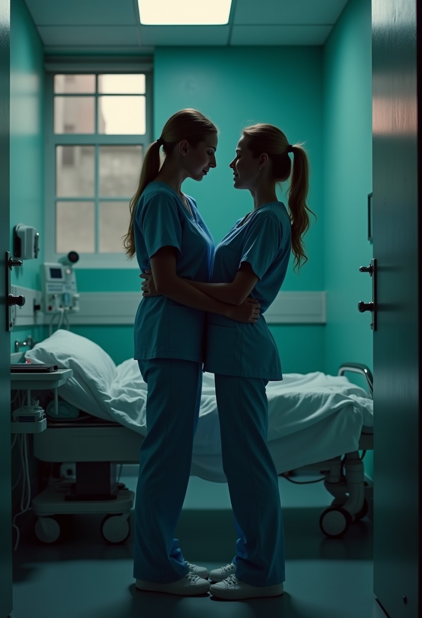 Two nurses sharing quiet moment in hospital break room, late night connection