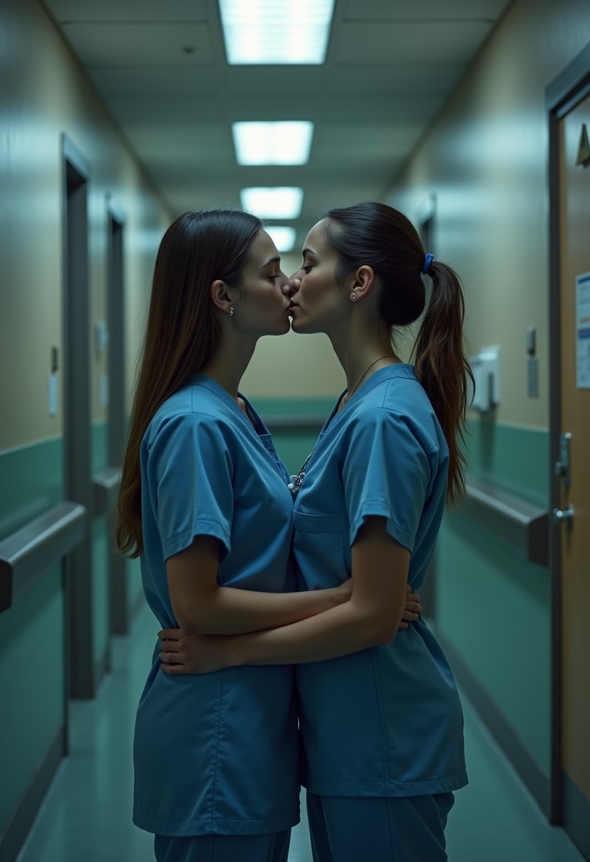 Intimate embrace in hospital on-call room, finding comfort during long shift