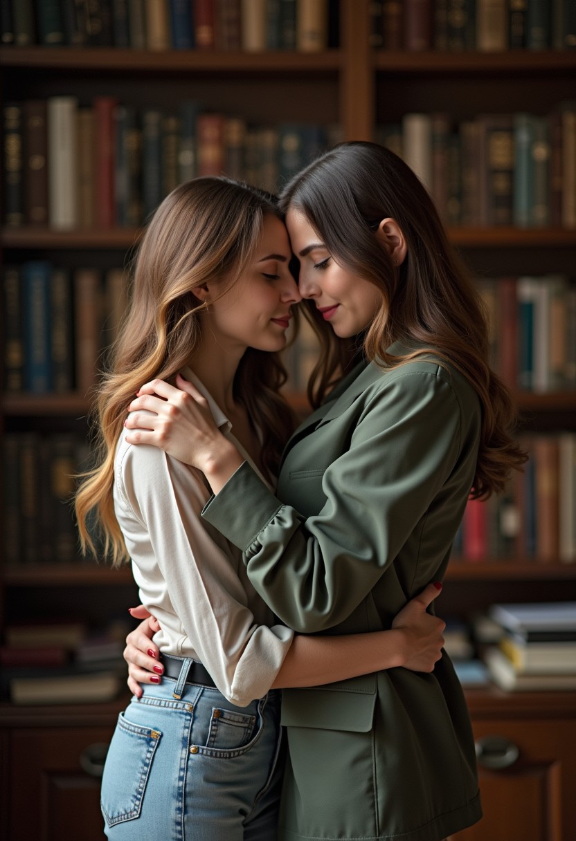Two women in passionate embrace, academic setting, forbidden attraction finally realized