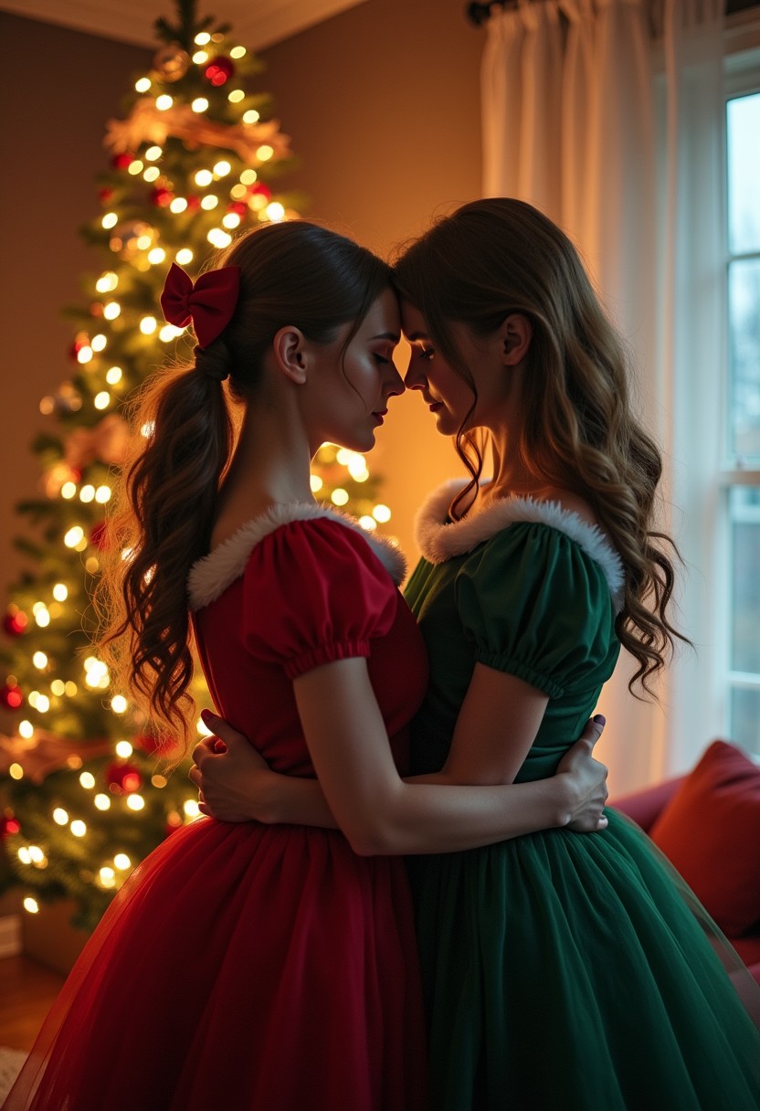 Cozy Christmas living room with decorated tree, warm holiday atmosphere